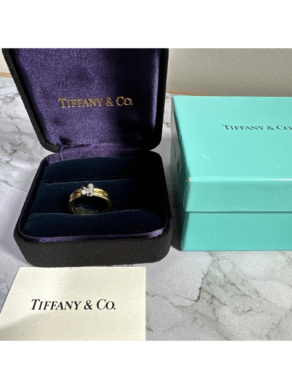 Vintage Tiffany & Co. 18K Gold Two-Tone Diamond X Crossover Double Band Ring 6.5